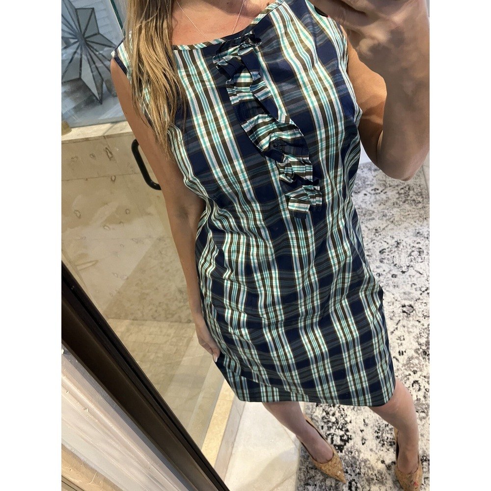Talbots Women's Blue Plaid Ruffle Front Sleeveless Lined Shift Dress Size 10